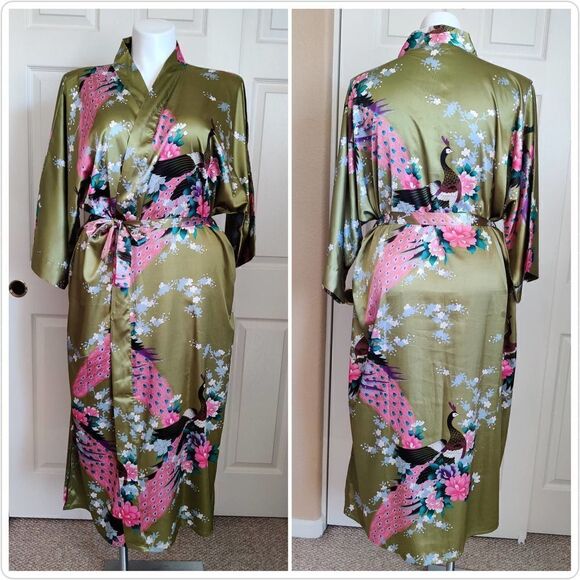 Applesauce green satin peacock floral kimono robe - Picture 3 of 10